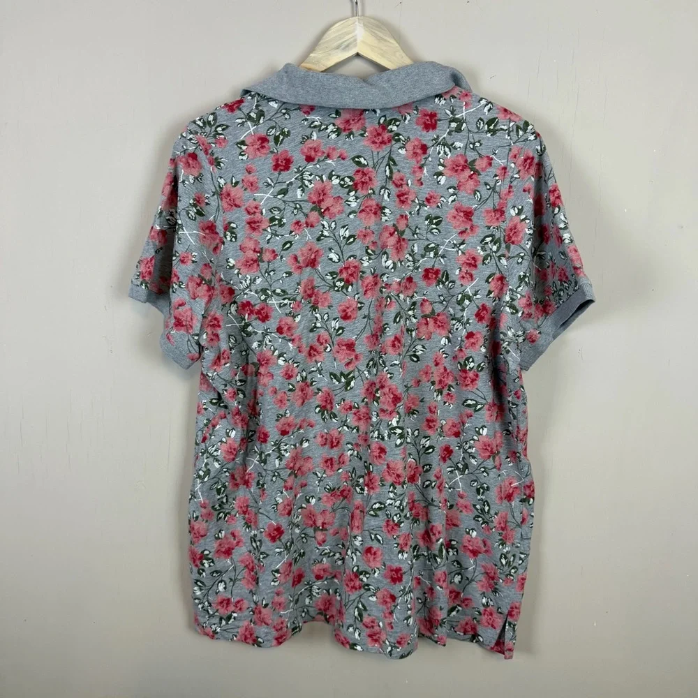 Woman Within Polo Top 4X 2X 26/28 Short Sleeve Casual Shirt Gray Floral Printed - Picture 7 of 10